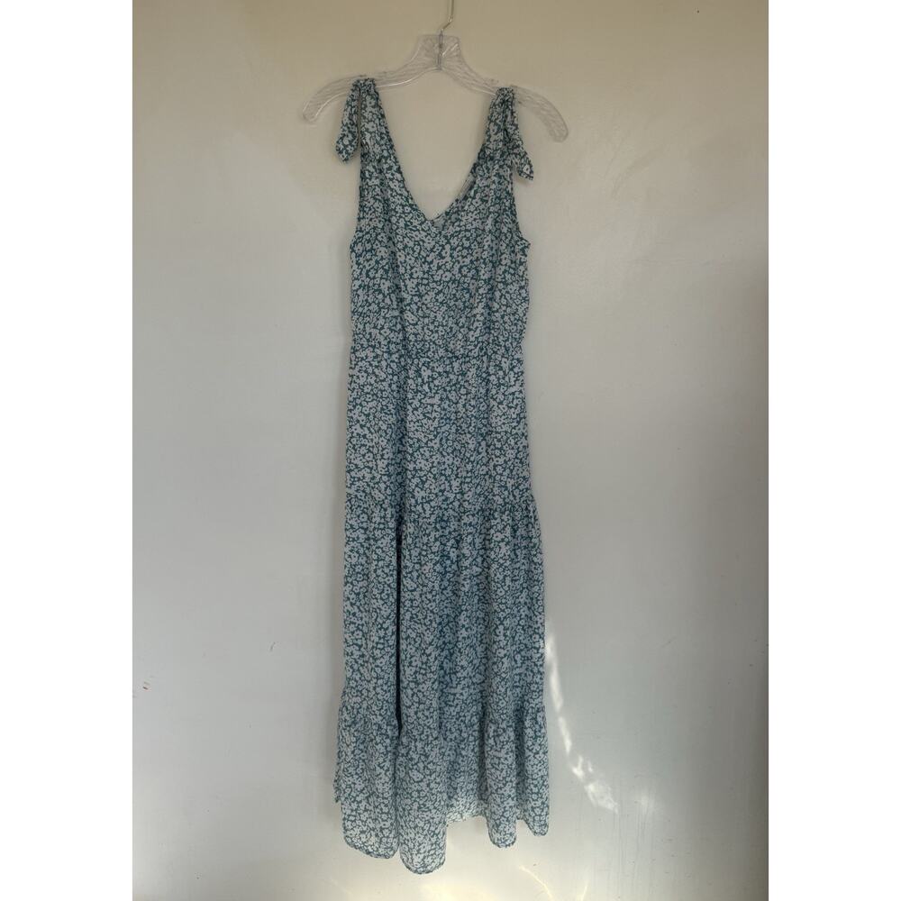 Sienna Sky Blue White Floral Ruffle Strappy Sleeveless V-Neck Maxi Dress S